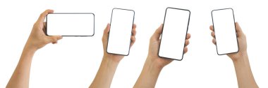 Beyaz arkaplanda izole edilmiş beyaz boş ekranlı akıllı telefonu tutan erkek el koleksiyonu kırpma yolunu da içerir. Teknoloji Konsepti.