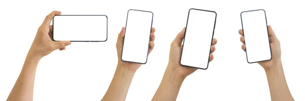 白い背景に隔離された白い空白の空の画面を持つ男性の手の携帯電話のコレクションは クリッピングパスが含まれています テクノロジーコンセプト — ストック写真