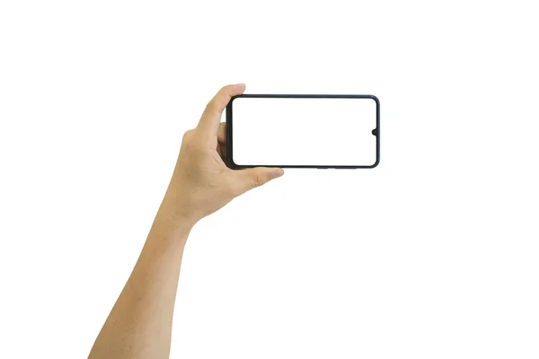 Mannelijke Hand Houden Mobiele Smartphone Met Blanco Scherm Geïsoleerd Witte — Stockfoto