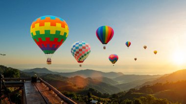 Güneşin doğuşunda arka planda dağların üzerinde uçan renkli sıcak hava balonları. Doğal arka planda seyahat et.