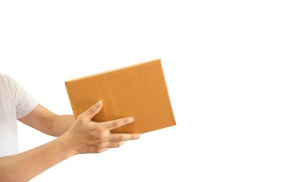 Delivery Man Hand Holding Parcel Cardboard Box Isolated White Background — Stock Photo, Image