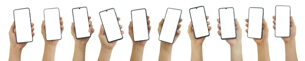Συλλογή Από Χέρι Κρατώντας Smartphone Λευκή Οθόνη Απομονώνονται Λευκό Φόντο — Φωτογραφία Αρχείου