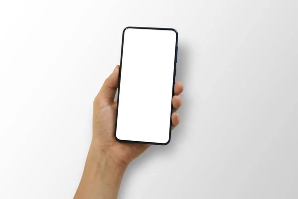 Primer Plano Del Smartphone Mano Con Pantalla Blanca Aislado Sobre —  Fotos de Stock