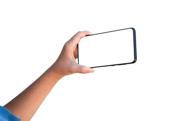 Criança Mão Segurando Telefone Celular Isolado Fundo Branco Tela Branco — Fotografia de Stock