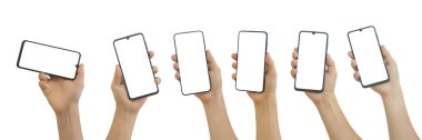 Beyaz arkaplanda izole edilmiş boş beyaz ekranlı cep telefonu taşıyan erkek elleri koleksiyonu kırpma yolunu da içerir.