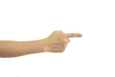 Adamın eli beyaz arka planda izole edilmiş bir şeyi işaret ediyor. Kırpma yolunu dahil et.