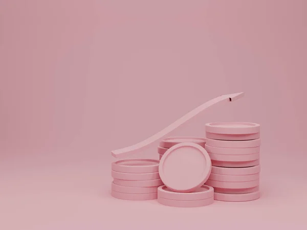 ピンクの背景に矢印とコインスタック 成長財務の成功とビジネスコンセプトへの投資 3Dレンダリング図 — ストック写真