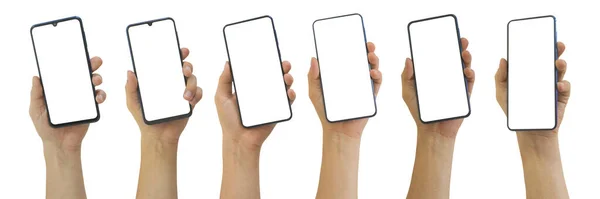 Set Man Hands Holding Smartphone Blank Screen Isolated White Background — Stock Photo, Image