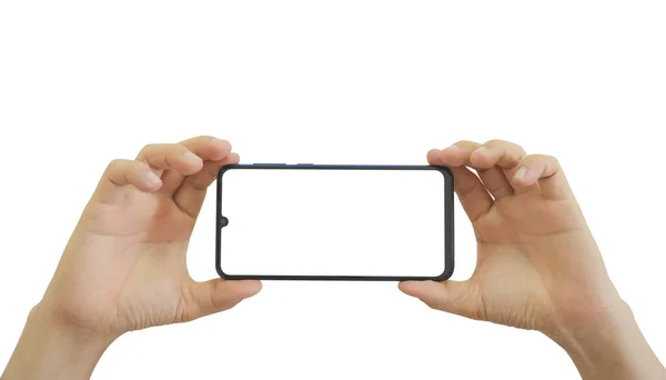 Duas Mãos Segurando Smartphone Preto Com Tela Branca Branco Isolada — Fotografia de Stock