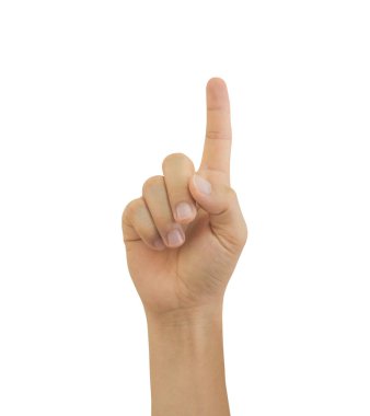 Adamın eli beyaz arka planda izole edilmiş bir şeyi işaret ediyor. Kırpma yolunu dahil et.