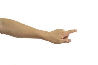 Adamın eli beyaz arka planda izole edilmiş bir şeyi işaret ediyor. Kırpma yolunu dahil et.