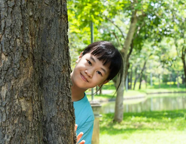 Güzel küçük kız bir ağacın arkasından dışarı bakıyor. Yeşil parktaki yaz gününün tadını çıkaran çocuk portresi..