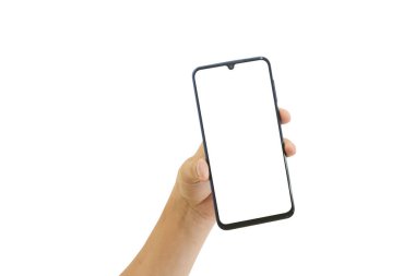 Beyaz arka planda boş ekranı olan cep telefonu tutan bir erkek. Kırpma yolu