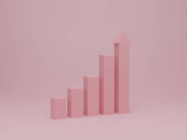 Pembe büyüyen çubuk grafiği basamaktaki başarı sürecine. Büyüme, finans ve yatırım iş konsepti. 3d resimleme.