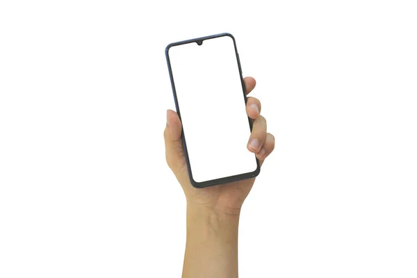 Mão Masculina Segurando Smartphone Móvel Com Tela Branco Isolada Fundo — Fotografia de Stock