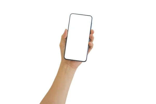 Main Masculine Tenant Téléphone Intelligent Avec Écran Vide Blanc Isolé — Photo