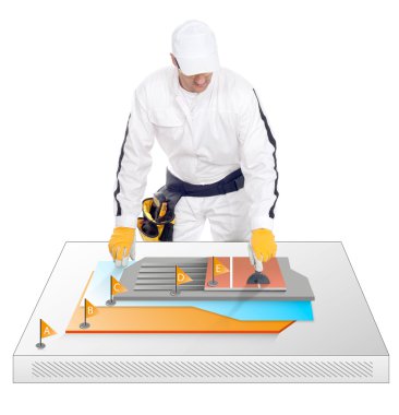 Construction worker finishes work on the bonding of ceramic tiles in the 3D section clipart