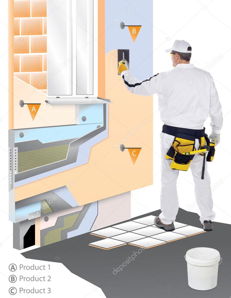 Construction worker with trowel applied plaster on 3D wall