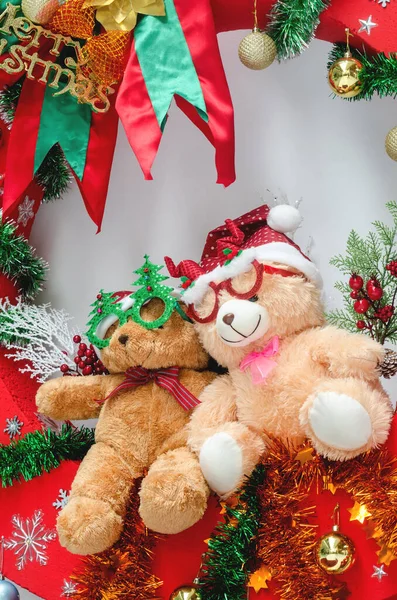 Cute Couple Teddy Bears Christmas Celebration Concept — Stockfoto