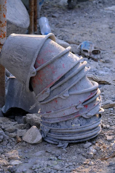 Plastic Buckets Laying Mortar Construction Site — Foto de Stock