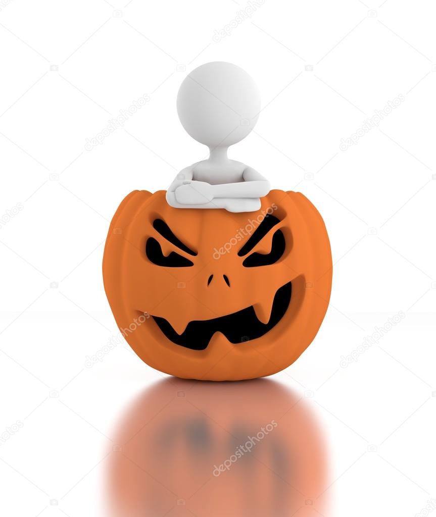 3d person stands inside a Jack O Lanterns and crosses arms