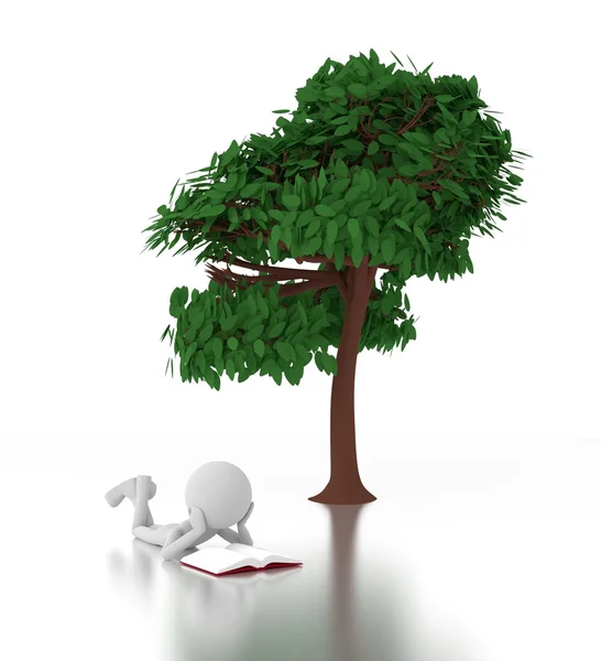 3D gri adam bir ağacın altında bir kitap okur