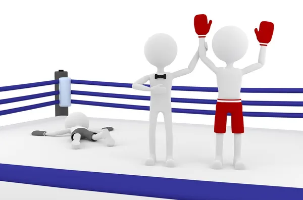 3D-bokser persoon winnen van een wedstrijd in een boksring met een scheidsrechter zijn hand opheffen Rechtenvrije Stockafbeeldingen