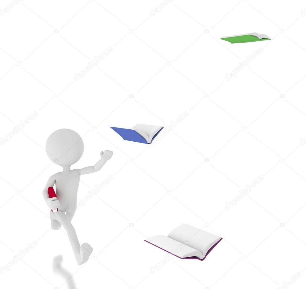 3d person chasing flying books