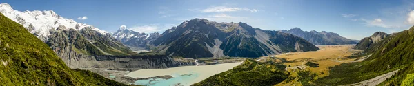 Hooker valley en mount koken panorama, nationaal park mount cook, Nieuw-Zeeland Rechtenvrije Stockfoto's