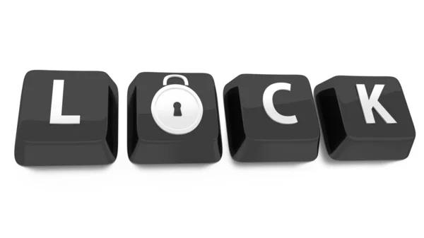 Schloss in weißer Schrift auf schwarzen Computerschlüsseln mit einem Schloss-Symbol. 3D-Illustration. isolierter Hintergrund. — Stockfoto