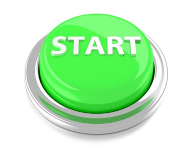 Yeşil Düğme başlatın. 3D çizim. izole arka plan.