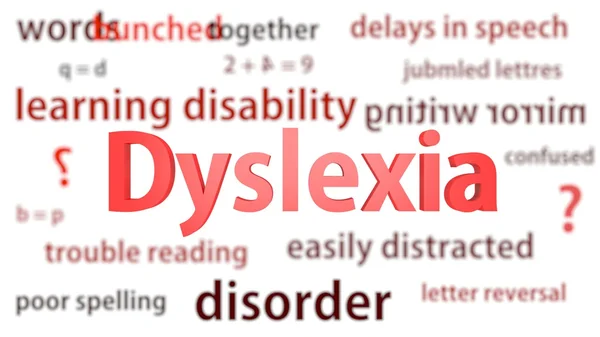 Dyslexia title surrounded by blurred words of context. Titles concept. 3d illustration. — Stock Photo, Image