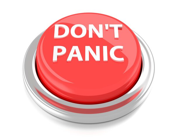 Don 't pANIC on red push button. 3d иллюстрация. Изолированный фон
.