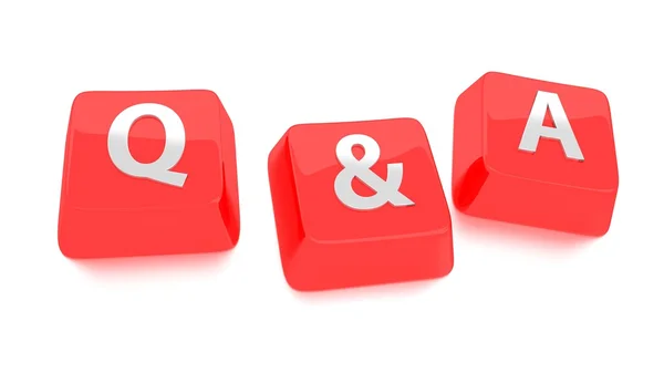 Q&a skrivet i vitt på röda datornycklar. 3D illustration. isolerade bakgrund. Royaltyfria Stockbilder