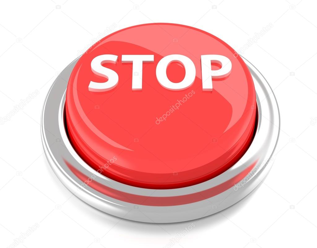 STOP on red push button. 3d illustration. Isolated background.