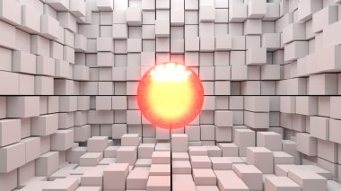 3D-gele rode bal van licht drijvend in het midden van een ruimte gemaakt van grijs kubussen.