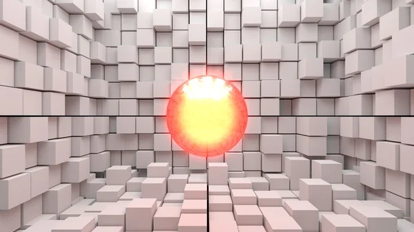 3d bola roja amarilla de luz flotando en el medio de una habitación hecha de cubos grises . Imagen de archivo
