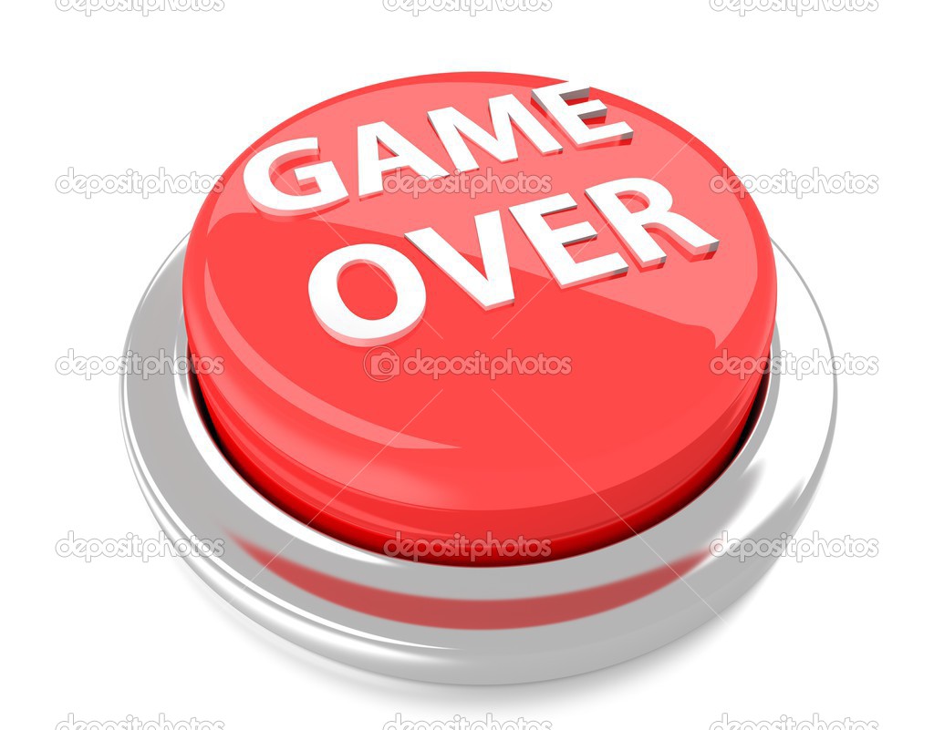 GAME OVER on red push button. 3d illustration. Isolated background.