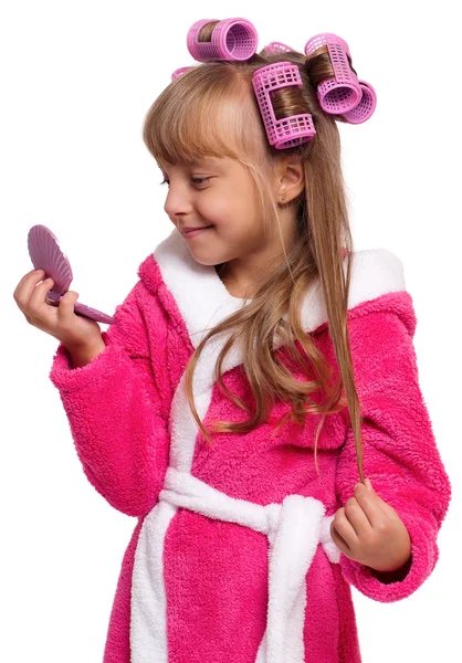 Little girl in pink bathrobe — Stock Photo, Image