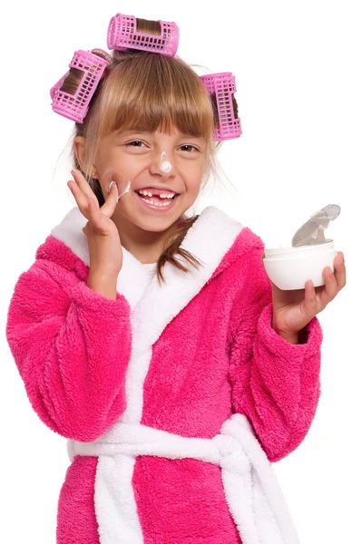Little girl in pink bathrobe — Stock Photo, Image