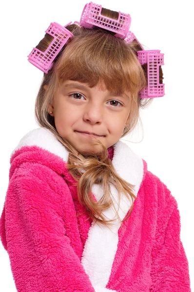 Little girl in pink bathrobe — Stock Photo, Image