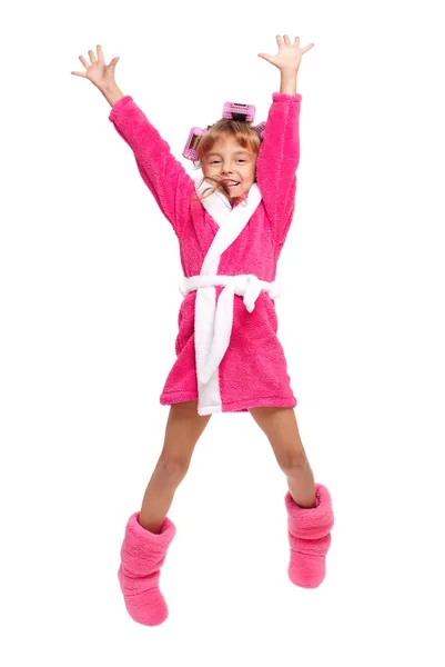 Little girl in pink bathrobe — Stock Photo, Image