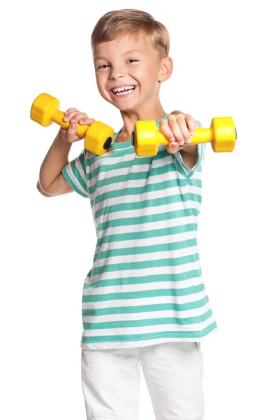 Menino com halteres — Fotografia de Stock