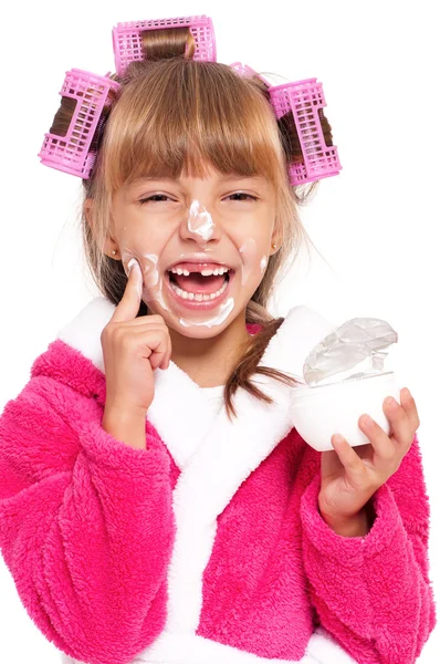 Little girl in pink bathrobe — Stock Photo, Image