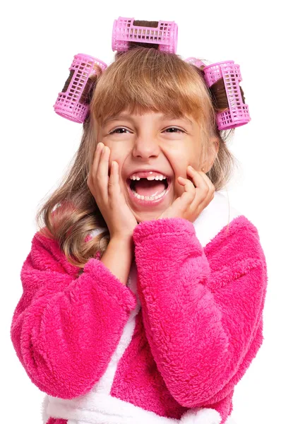 Little girl in pink bathrobe — Stock Photo, Image