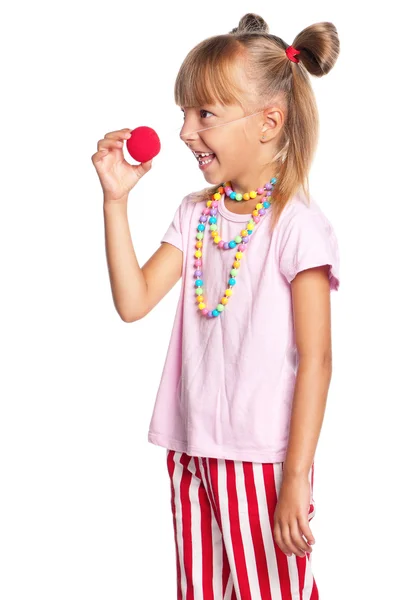 Niña con nariz de payaso — Foto de Stock