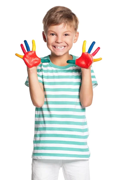 Niño pequeño con pinturas en las manos —  Fotos de Stock