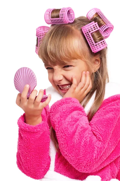 Little girl in pink bathrobe — Stock Photo, Image