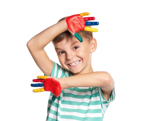 Little boy with paints on hands — Stock Photo, Image