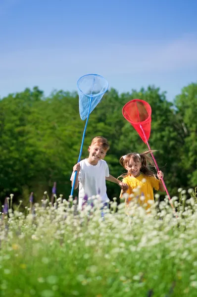 Niños felices en el prado —  Fotos de Stock